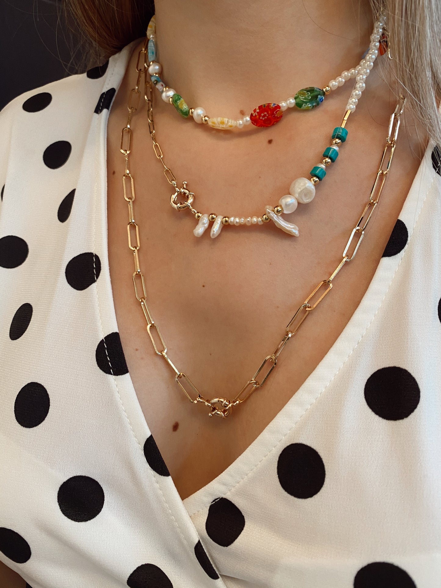 “Antonella” necklace - pearls - turquoise - and chains