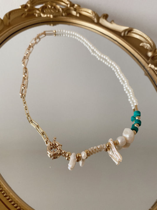 “Antonella” necklace - pearls - turquoise - and chains