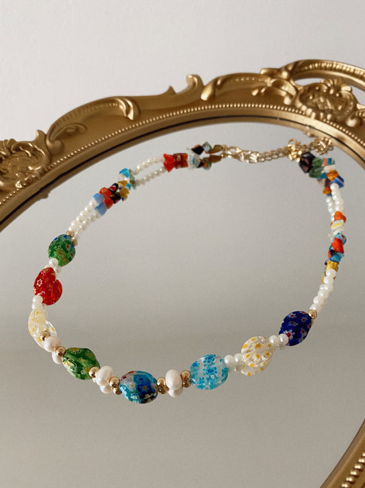 Millefiori ovals and pearls - necklace