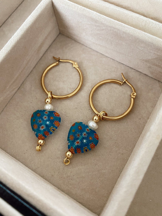 Big hearts millefiori - mediums - Gold24k hoops